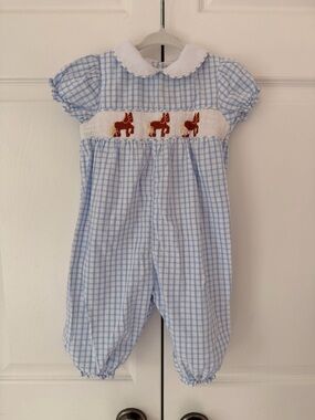 Girls Blue Gingham Horse Smocked Long Bubble